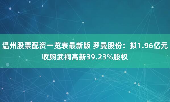 温州股票配资一览表最新版 罗曼股份：拟1.96亿元收购武桐高新39.23%股权